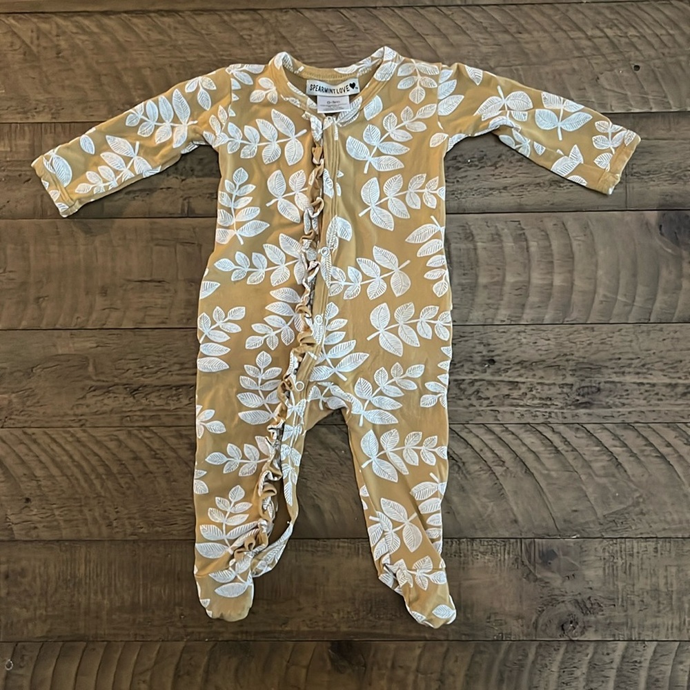 Spearmint Love bamboo footed onesie mustard color